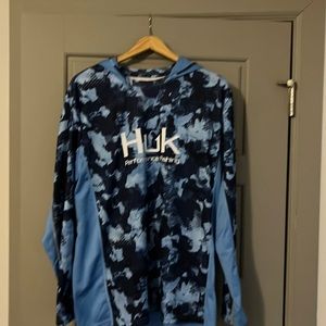Blue hooded Large Huk fishing shirt